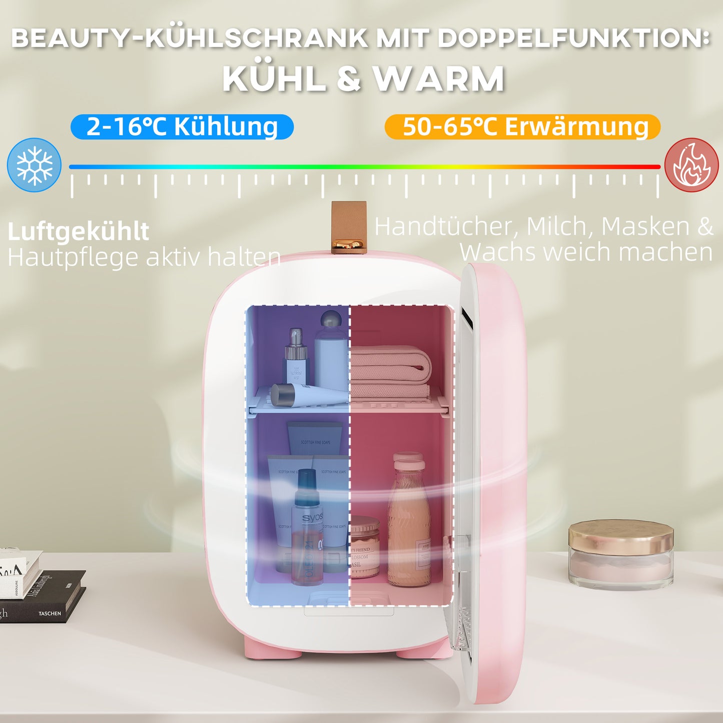 HOMCOM Mini Kühlschrank Kühlschrank Beauty Fridge, 4 L Fassungsvermögen, 20,3 x 26,3 x 28 cm, Rosa