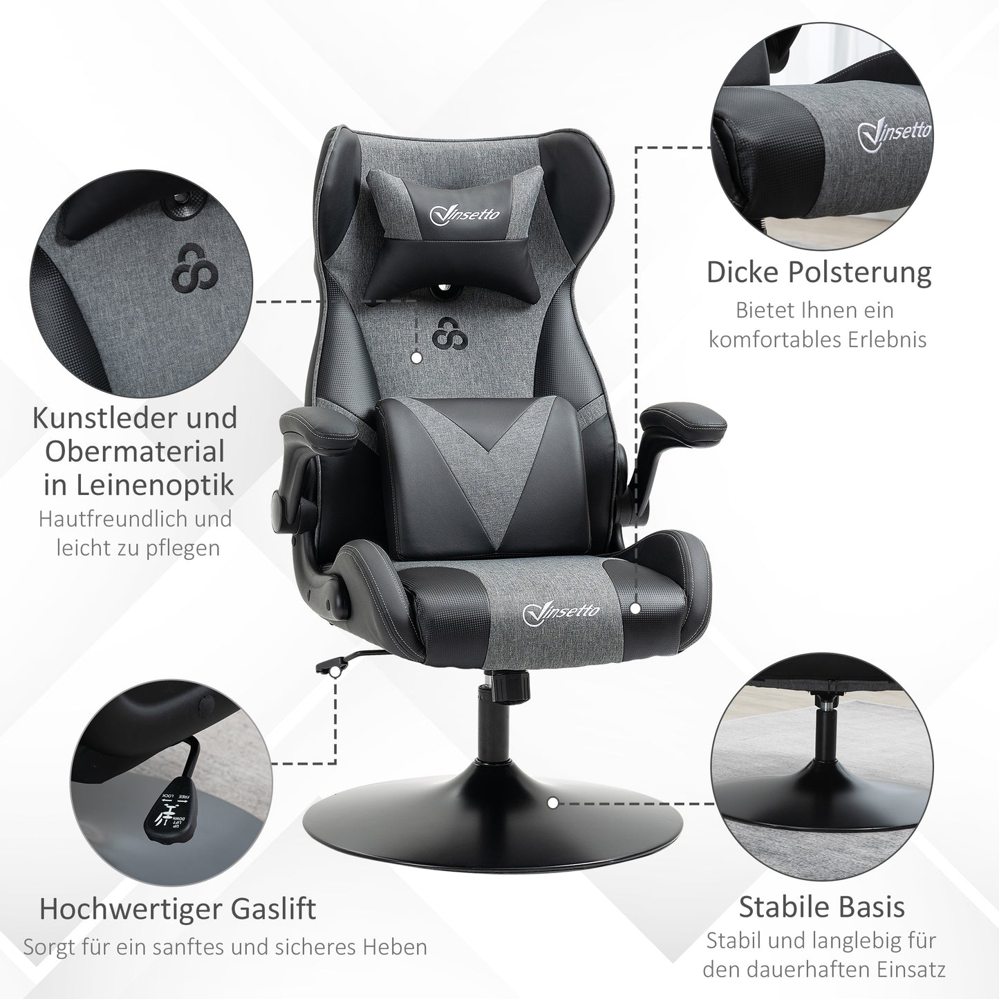 Vinsetto Gaming-Stuhl, höhenverstellbar & drehbar, Kunstleder-Bezug, klappbare Armlehnen, Schwarz+Grau
