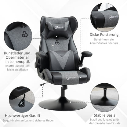 Vinsetto Gaming-Stuhl, höhenverstellbar & drehbar, Kunstleder-Bezug, klappbare Armlehnen, Schwarz+Grau