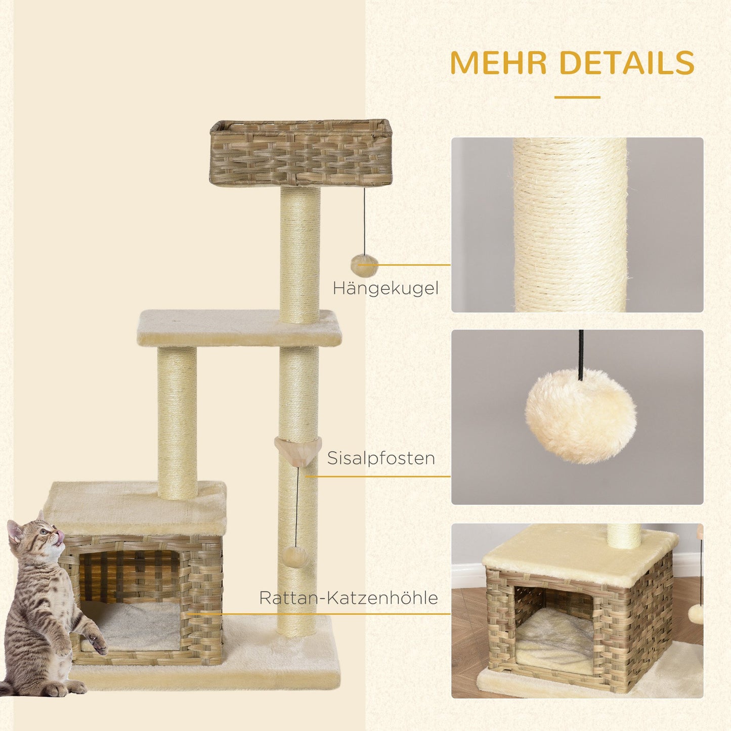 PawHut Rattan Katzenbaum Kratzbaum Kätzchen Möbel mit Katzenhöhle Ballspielzeug Sisal weiche Plüsch PE Höhe 108 cm Braun+Beige