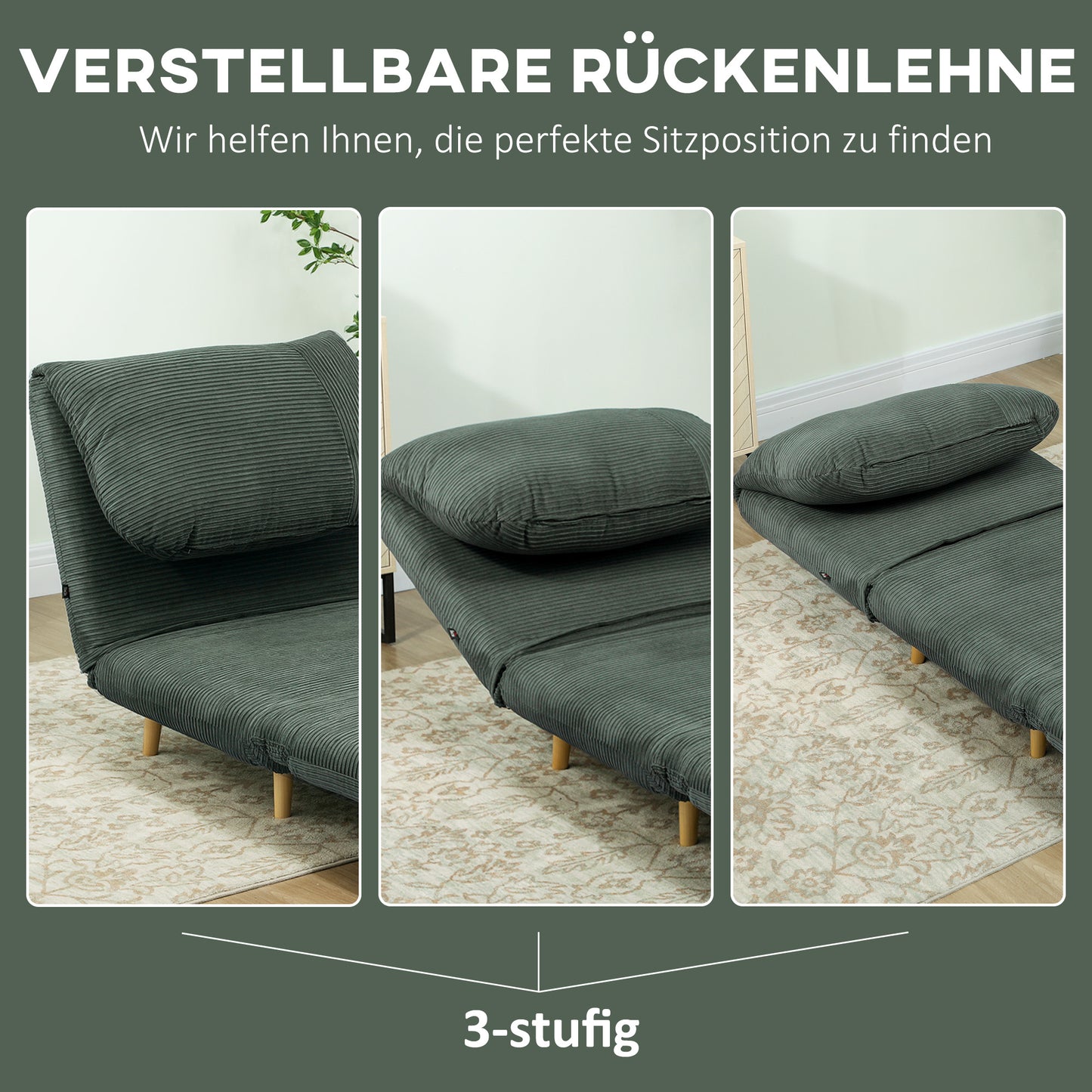 HOMCOM 2-in-1 Schlafsessel Gästebett, verstellbare Kopfstütze Cord-Optik 82 cm x 8 cm x 83 cm Grün