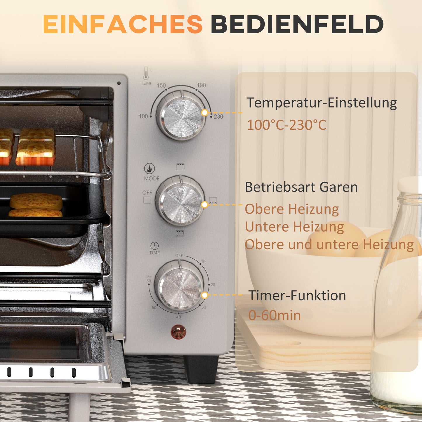 HOMCOM Minibackofen, 21 L Toasterofen mit 1 Drahtgestell und 1 Backblech, 3 Kochmodi, 100 °C-230 °C, Edelstahl, Glas, Silber