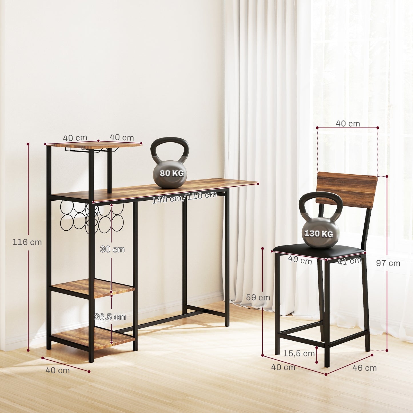 HOMCOM 3-teiliges Bartisch-Set, 1 Bartisch, 2 Stühle, mit Weinregal, Glashalter, Offene Regale, Fußstützen, Braun