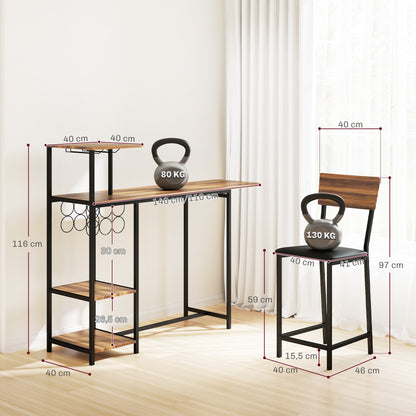 HOMCOM 3-teiliges Bartisch-Set, 1 Bartisch, 2 Stühle, mit Weinregal, Glashalter, Offene Regale, Fußstützen, Braun