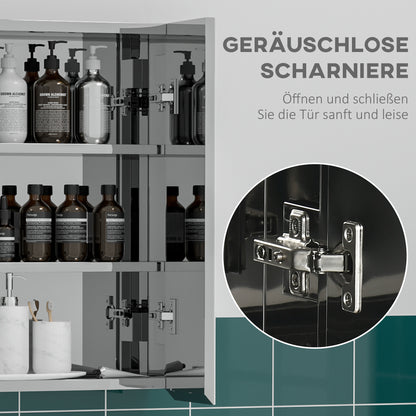 kleankin Spiegelschrank, Badschrank, 2 Spiegeltüren, 3 Innenböden, Edelstahl, Farbe: Silber, 54 x 13 x 60 cm