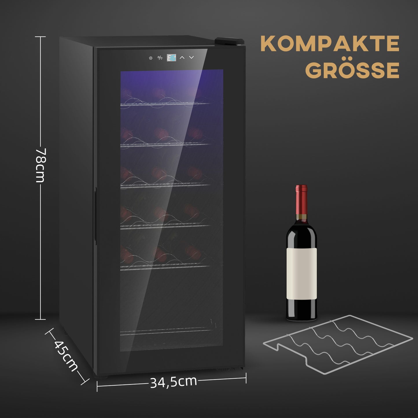 HOMCOM Weinkühlschrank, leise, 5-18°C, Touchscreen, Beleuchtung, 34,5x45x78cm, Schwarz