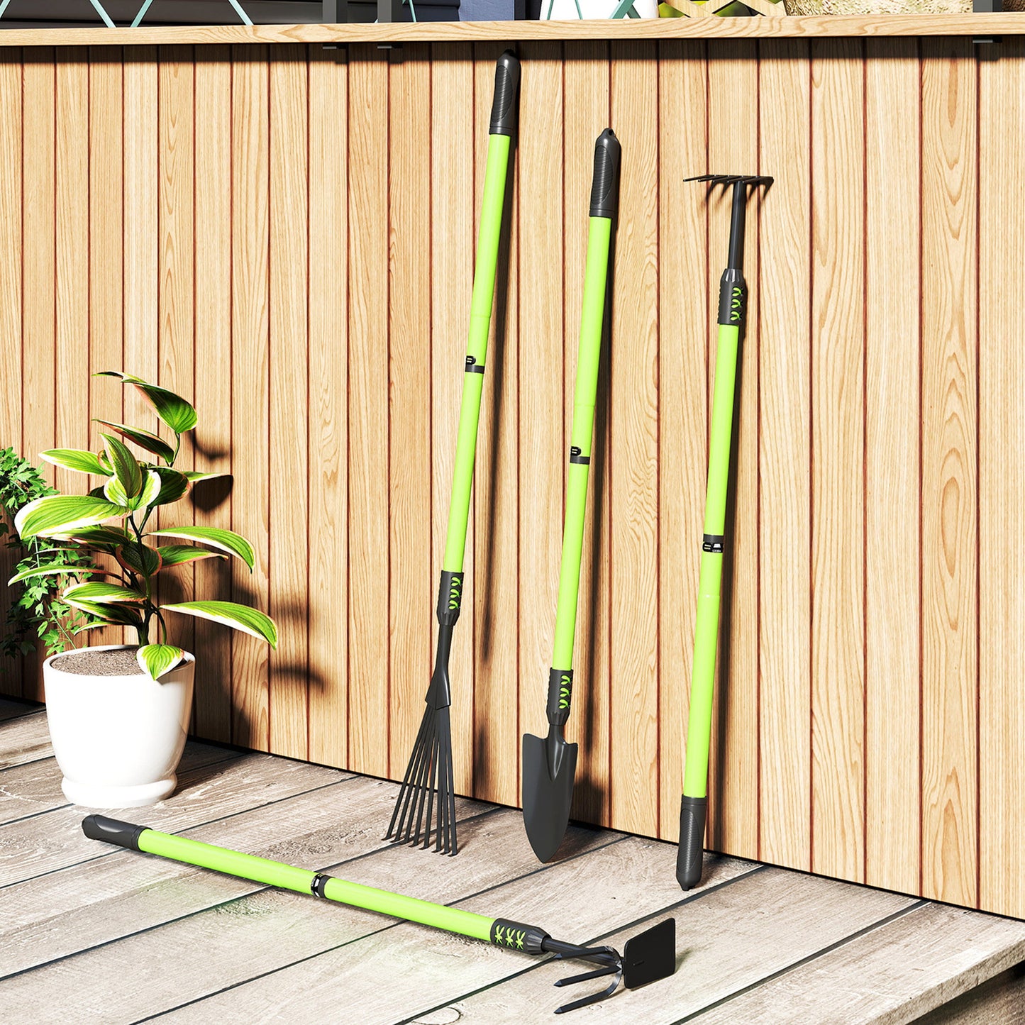 Outsunny Gartenwerkzeug-Set 4 Stück Gartengeräte-Set mit Schaufel Gartenhacke Gartenrechen Laubrechen Grün