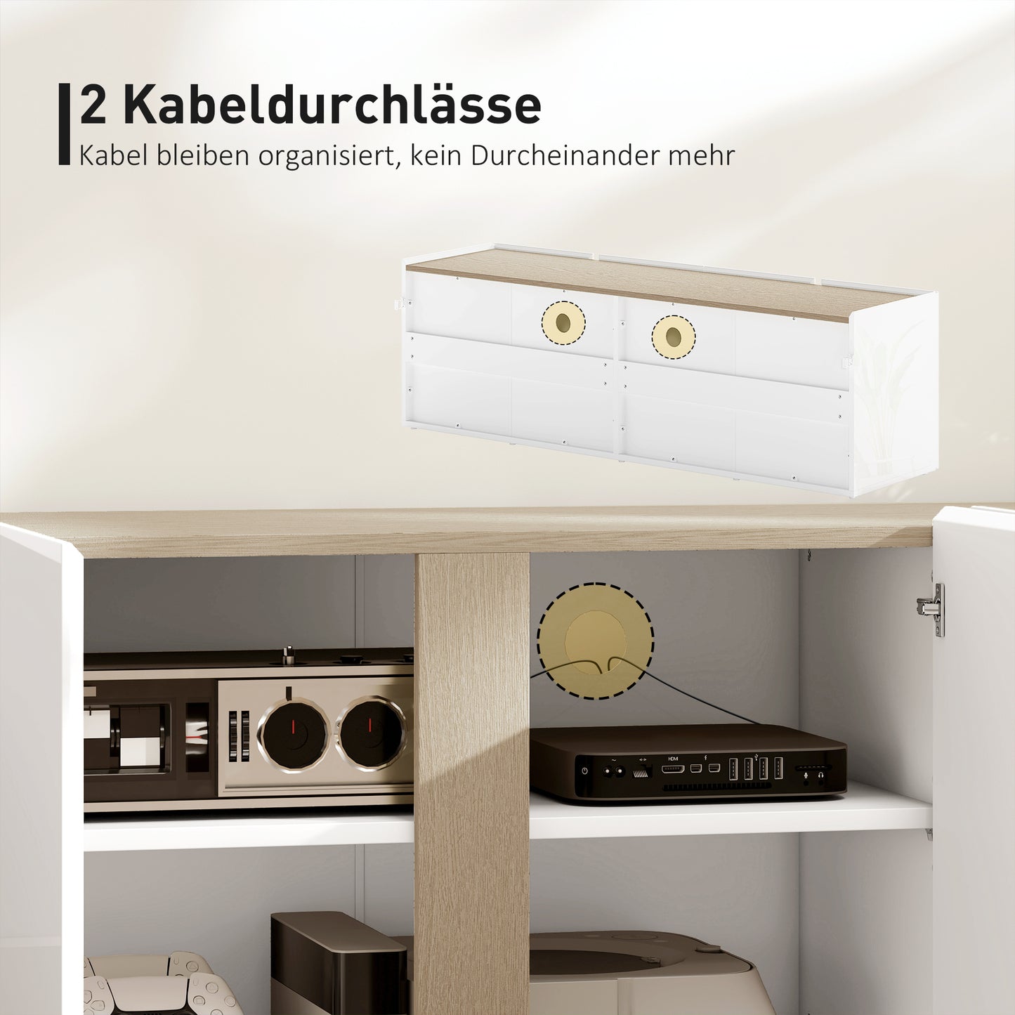HOMCOM TV-Kommode für 65-Zoll-Fernseher, Fernseh-Schrank mit Soft-Close-Türen, anpassbare Regale, Kabellöcher, für Wohnzimmer, Weiß