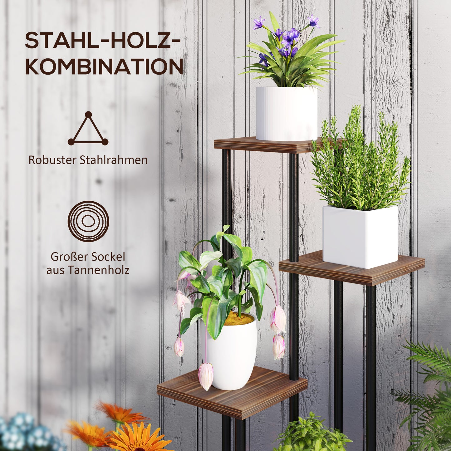 Outsunny Blumenständer mit 5 Ebenen, 5-stufiger Pflanzenständer, versetztes Design, leicht zu verschieben, Holz, Stahl