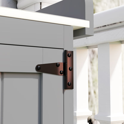 Outsunny Gartenschrank, Werkzeugschrank für den Außenbereich, mit Arbeitsfläche, Holz und Edelstahl, Doppeltüren, Grau