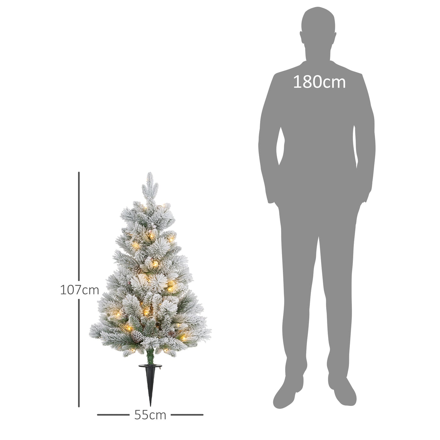 HOMCOM Weihnachtsbaum mit LED-Beleuchtung, 2er-Set, 107 cm, Tannenzapfen, rote Beeren, feuersicher, Grün/Weiß