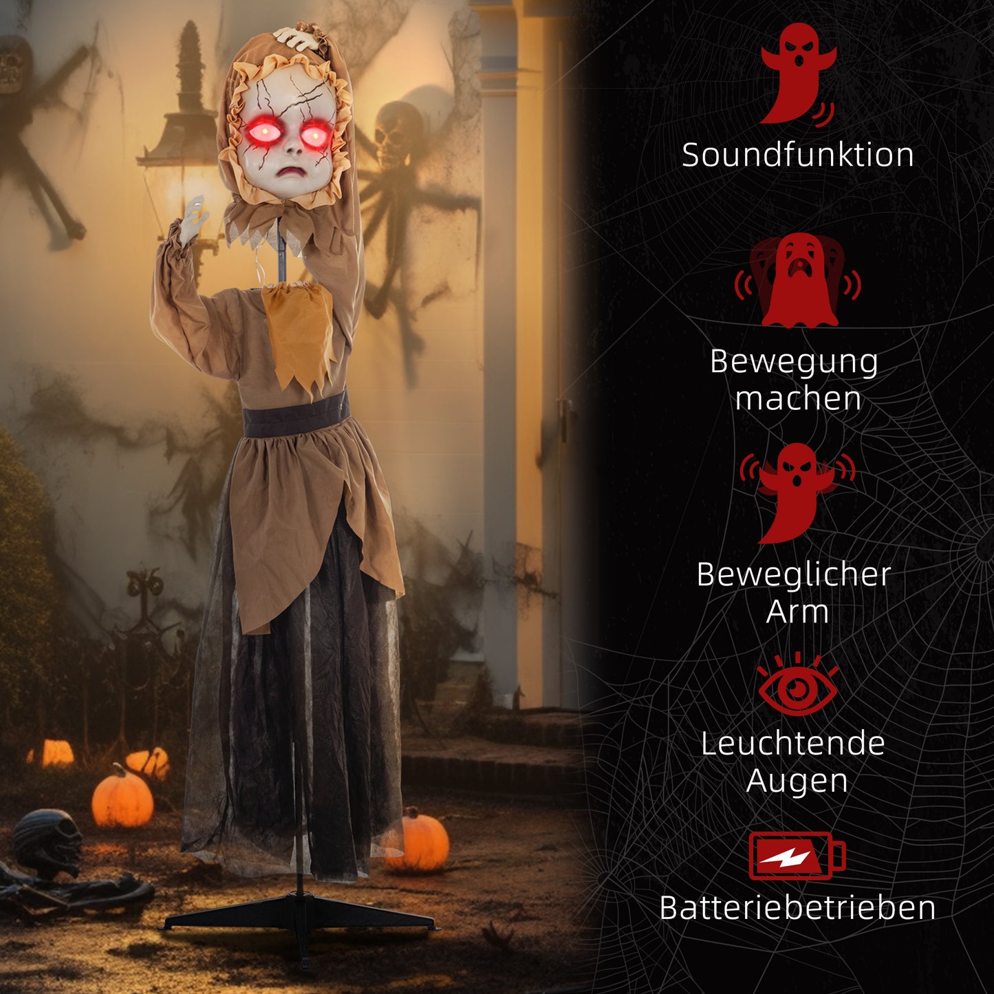HOMCOM Grusel-Puppe Halloween-Dekoration, beweglicher Kopf, rote Augen, Batteriebetrieb