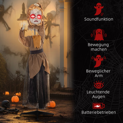 HOMCOM Grusel-Puppe Halloween-Dekoration, beweglicher Kopf, rote Augen, Batteriebetrieb