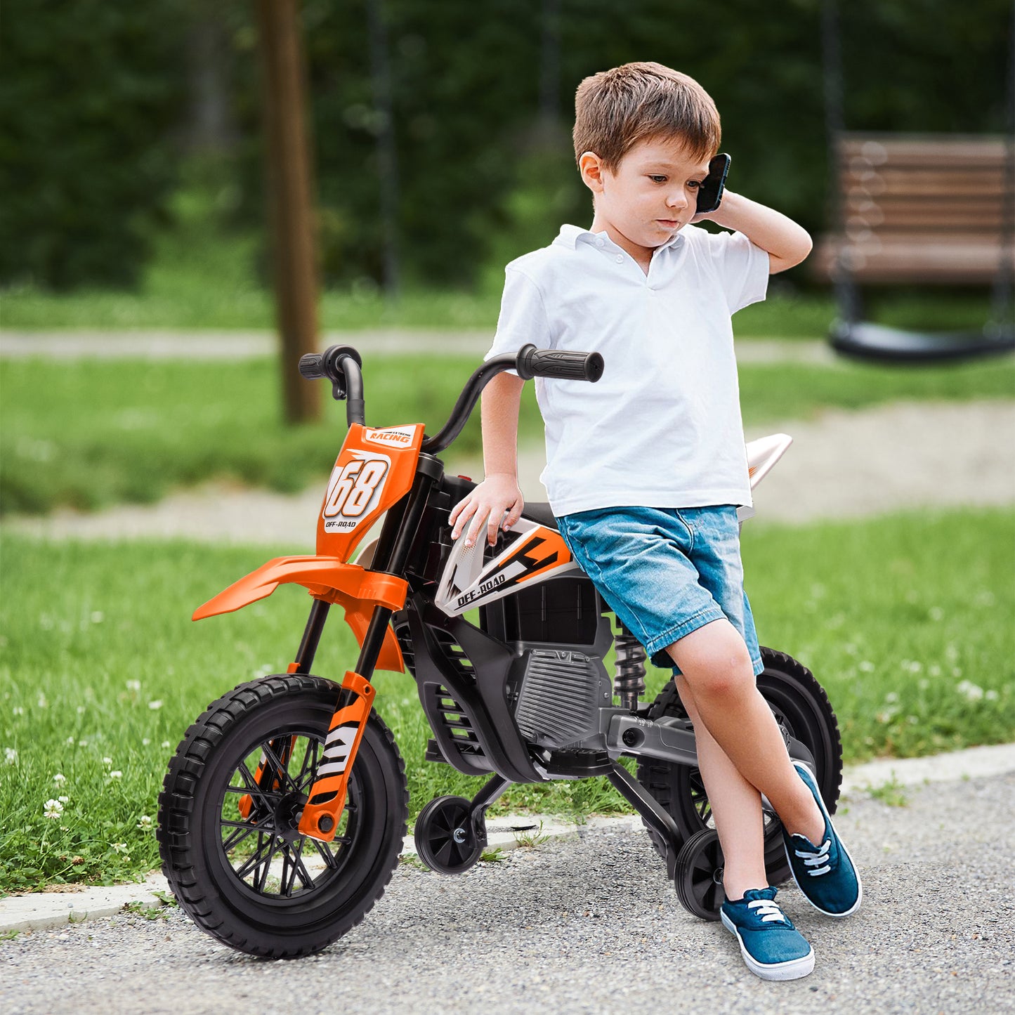 AIYAPLAY Elektro-Motorrad für Kinder, 12V Kindermotorrad mit Musik, Kinderfahrzeug mit Trainingsrädern, 3-6 Jahre, Orange