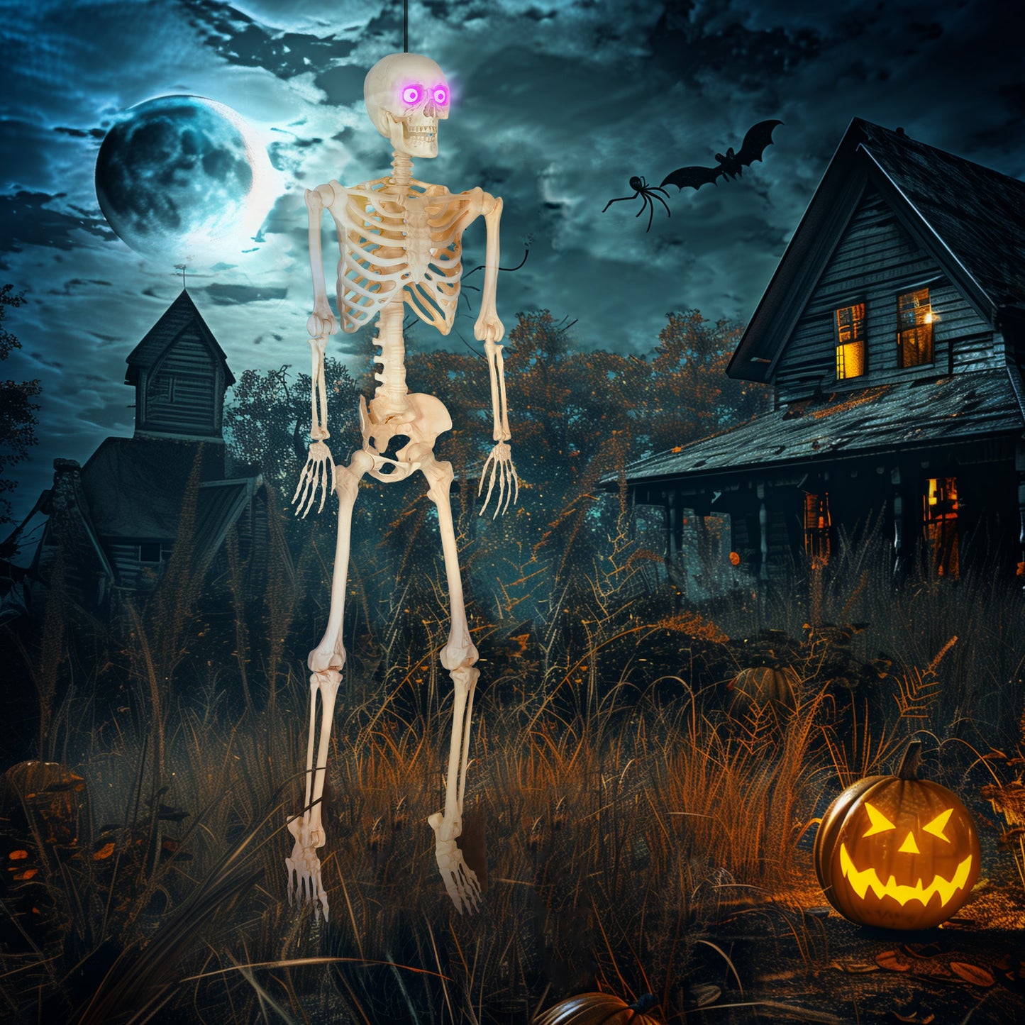 Outsunny Skelett-Figur, Halloween-Dekoration, bewegliche Arme und Beine, Geräusch-Aktivierung, leuchtende Augen, Batteriebetrieb, 152 cm, Metall, Kunststoff, Gelb