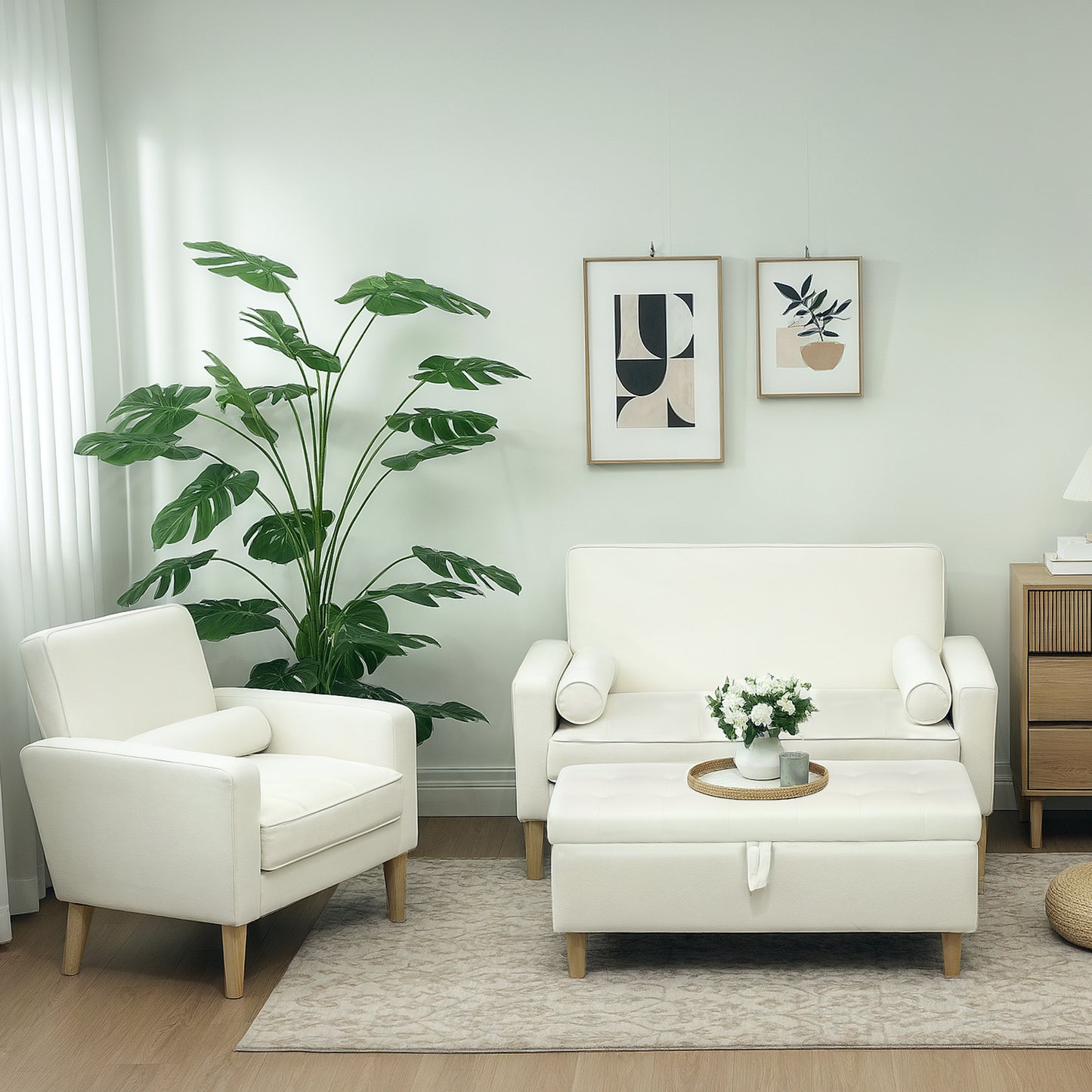 HOMCOM Polsterhocker mit Stauraum, Holzbeine, weicher Stoffbezug, Cremeweiß