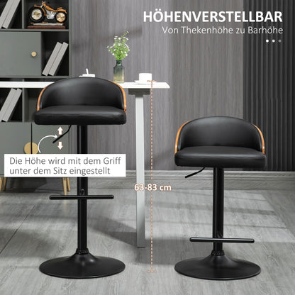 HOMCOM Barhocker 2er Set, Gepolstert Barstuhl aus Stahl und Massivholz, Höhenverstellbar Küchenstühle mit Fußstütze, 360° Drehbar, Tresenhocker für Küche, Wohnzimmer, Esszimmer, Schwarz+Kaffee