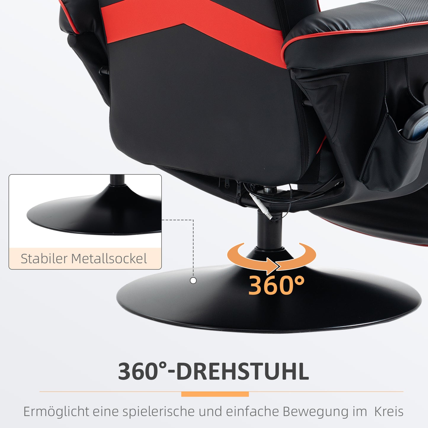 HOMCOM Gamingsessel, Massagefunktion, neigbare Lehne, Fußstütze, bis 120 kg, Stahlrahmen, Kunstleder, Rot
