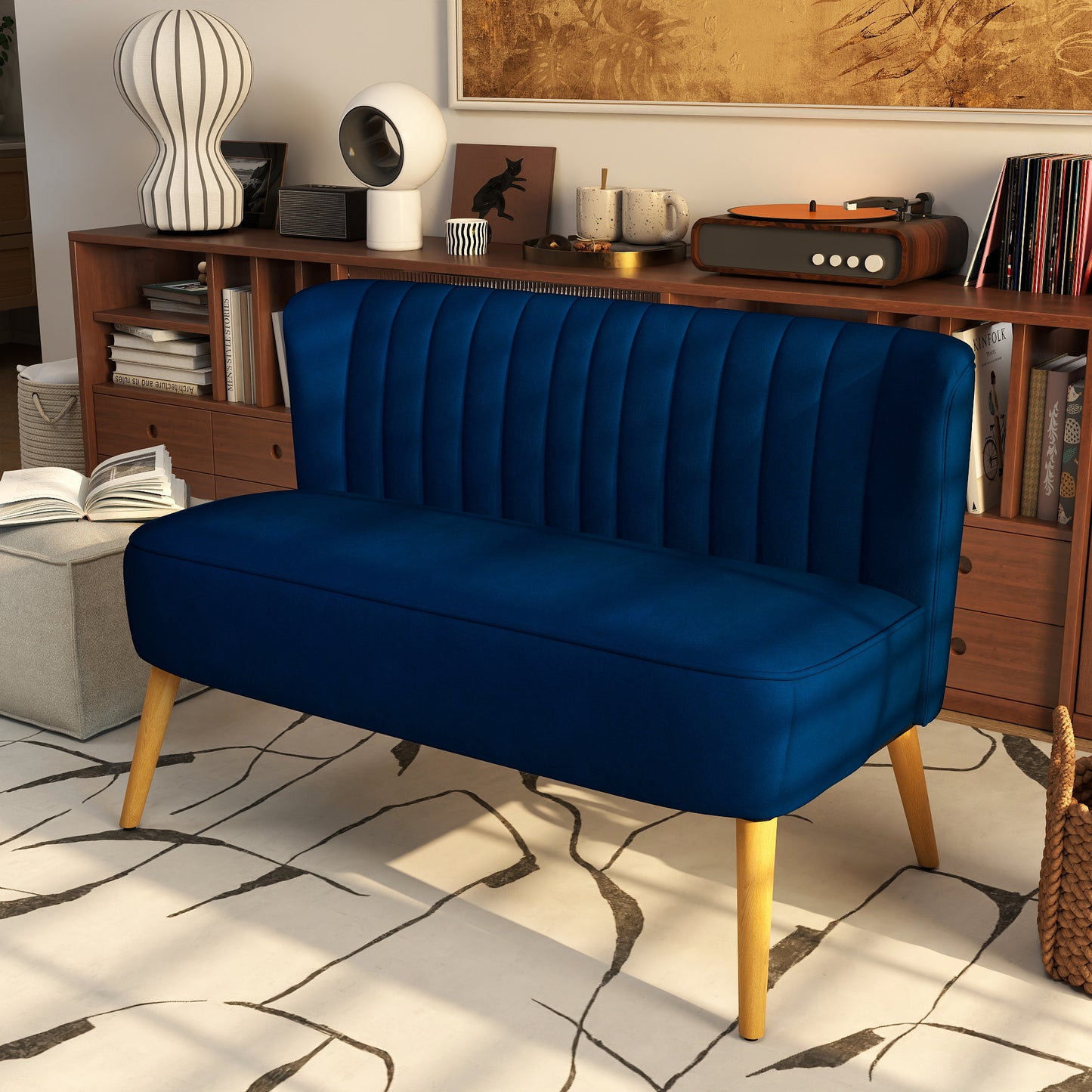 HOMCOM Sofa Retrodesign 2-Sitzer-Sofa, Holzbeine, 117 cm x 56,5 cm x 77 cm, Blau