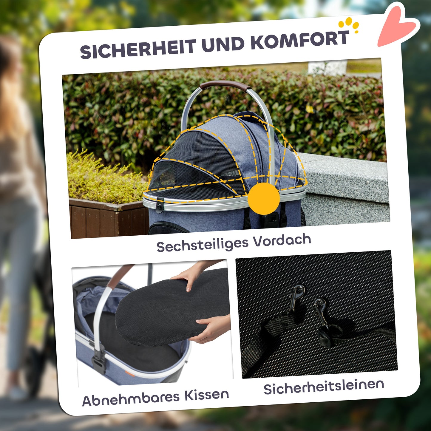 PawHut Hundewagen 3 in 1 Hundebuggy klappbar för Katzen till 10 kg Katzenbuggy mit Kissen Becherhalter Dunkelblau