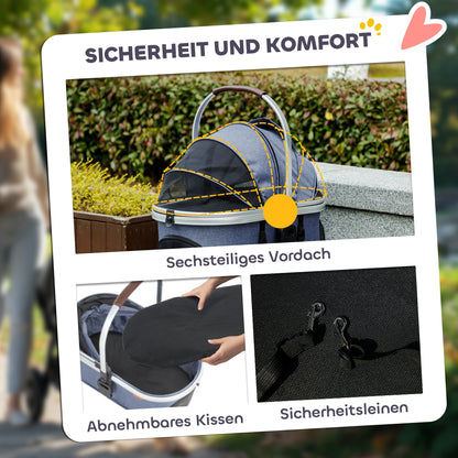 PawHut Hundewagen 3 in 1 Hundebuggy klappbar för Katzen till 10 kg Katzenbuggy mit Kissen Becherhalter Dunkelblau