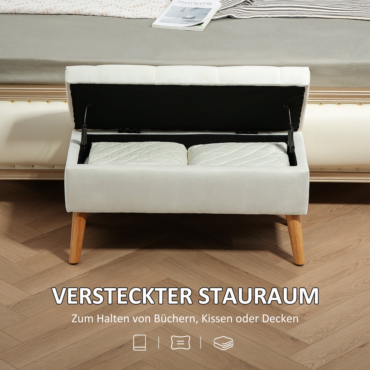HOMCOM Polsterbank mit Stauraum, Stoffbezug in Samtoptik, Holzbeine, für Wohnzimmer, Schlafzimmer, Flur, 80 x 35 x 42 cm, Weiß