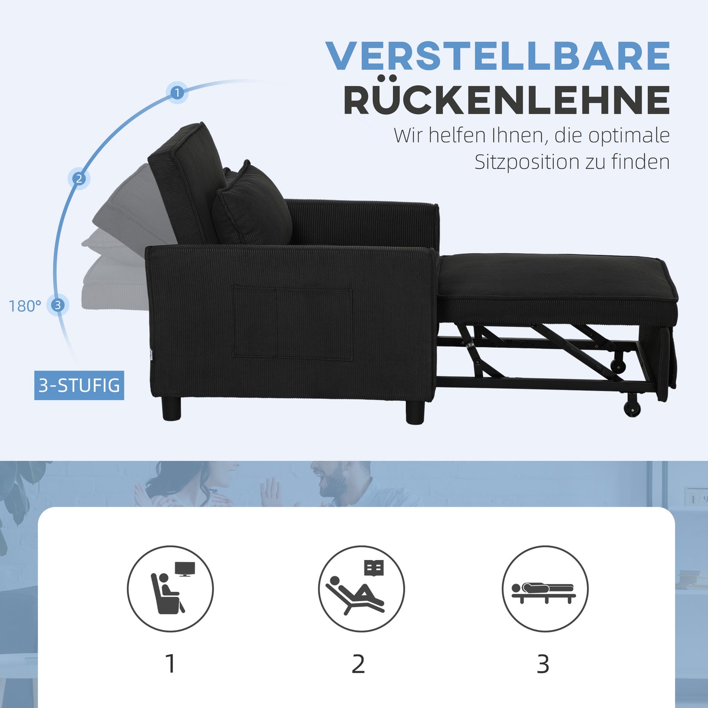 HOMCOM Schlafsessel, verstellbar, 3 Positionen, Cordbezug, bis 120 kg, Schwarz