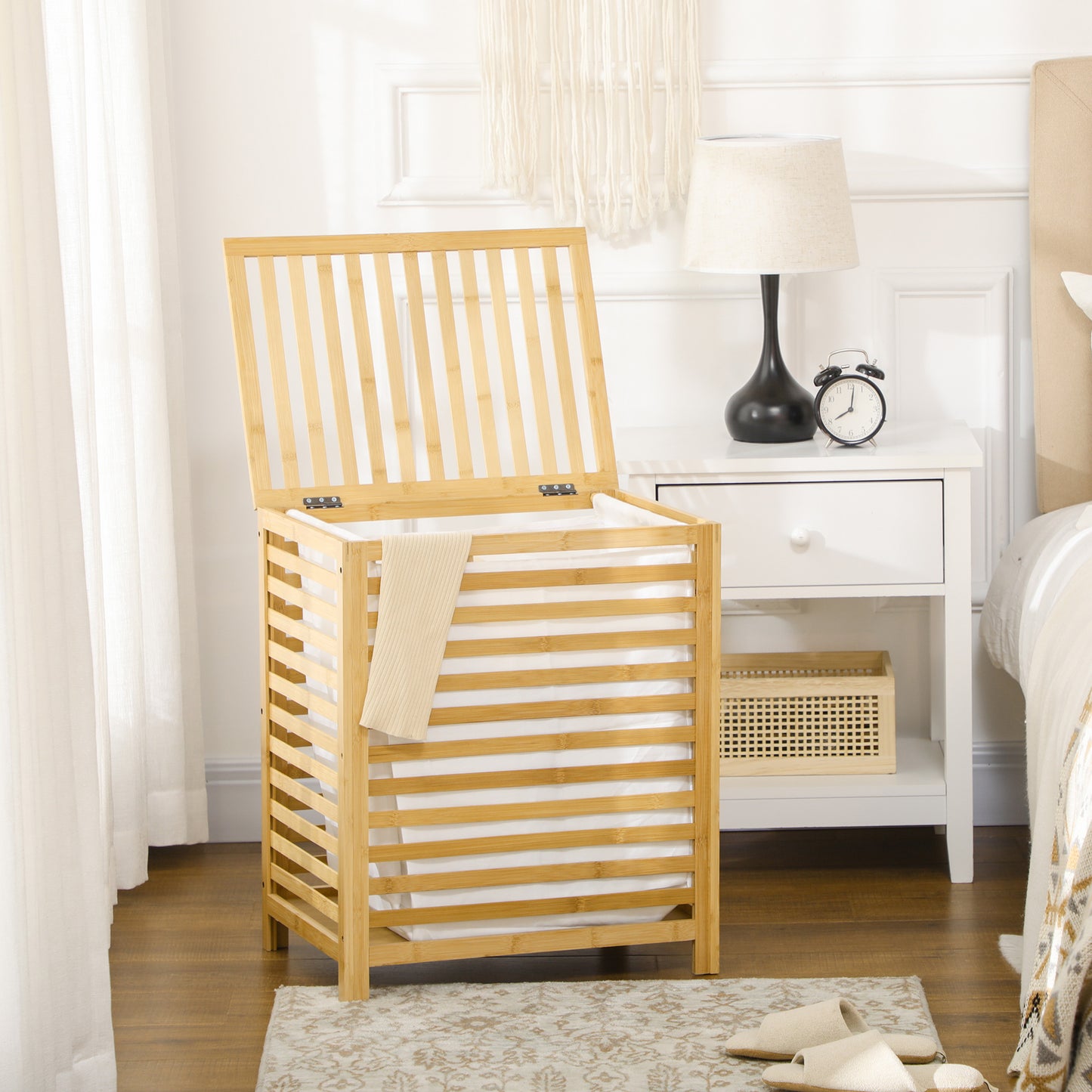 HOMCOM Wäschekorb aus Bambus, herausnehmbarer Wäschesack, wasserbeständig, Natur + Beige