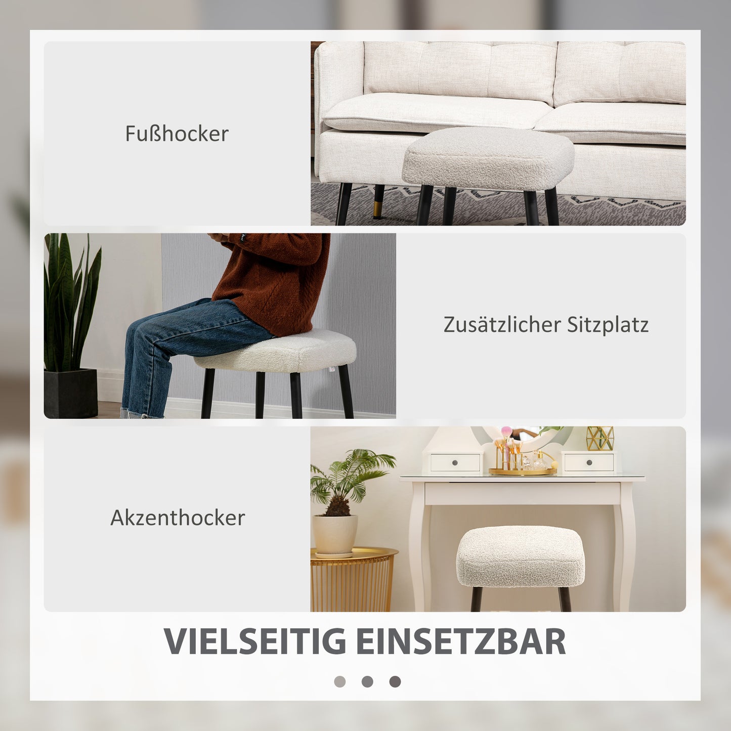 HOMCOM Hocker, Fußstütze, gepolsterter Sitz, Kaschmir-Optik, Stahlbeine, 42 x 42 x 44 cm, Hellgrau