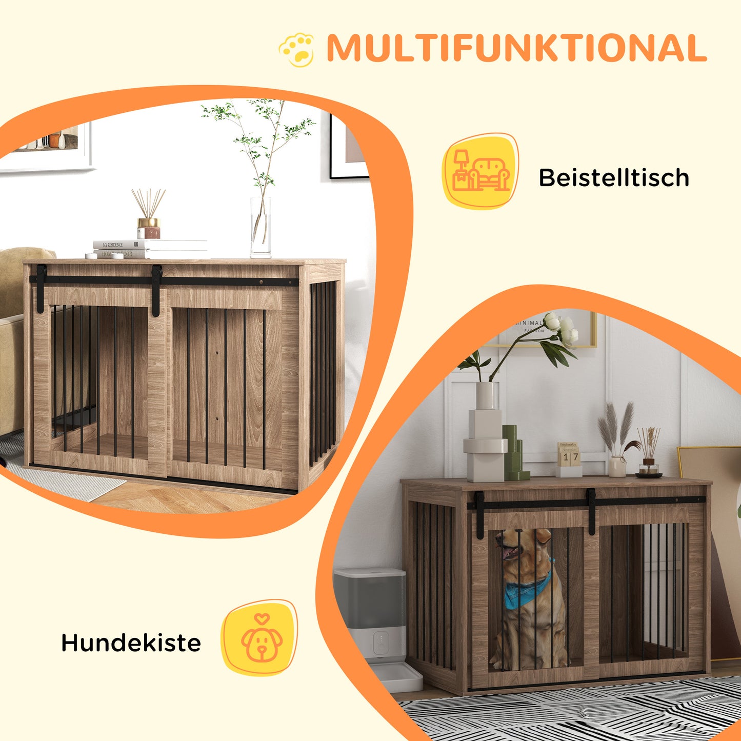 PawHut Hundebox Hundekäfig, Verriegelbar, Holzoptik, rustikales Design, 98 cm x 58 cm x 67 cm, Walnuss + Schwarz
