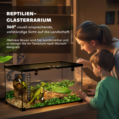 PawHut Reptilienbox Terrarium, inkl. Streifentermometer, Fütterungsklappen, 50 cm x 30 cm x 25 cm, Glas + Metall, Schwarz