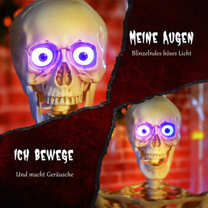 Outsunny Skelett-Figur, Halloween-Dekoration, bewegliche Arme und Beine, Geräusch-Aktivierung, leuchtende Augen, Batteriebetrieb, 152 cm, Metall, Kunststoff, Gelb
