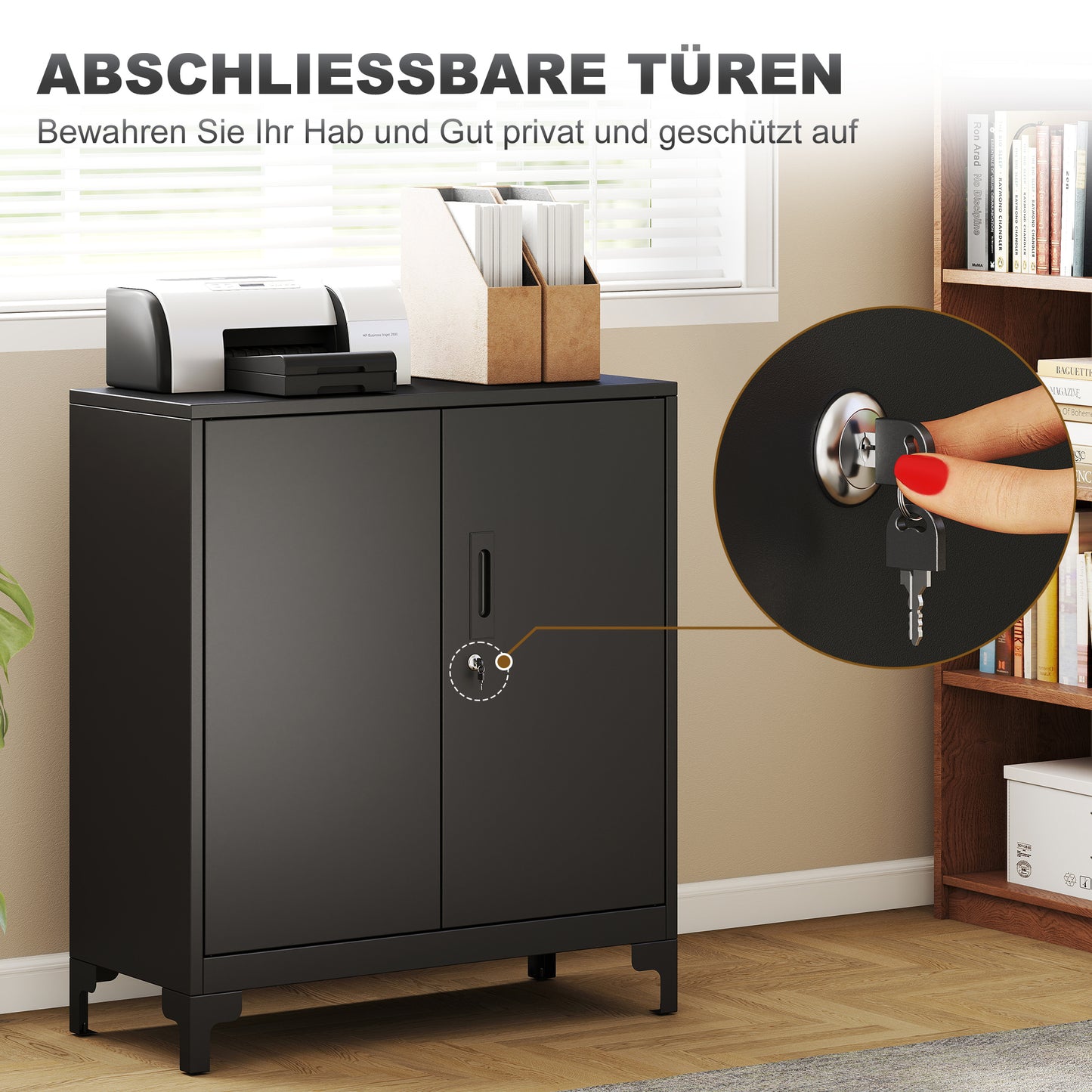 HOMCOM Büroschrank aus Metall, verschließbare Türen, Bürokommode, 2-stufiges Design, Schwarz