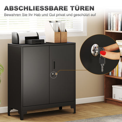 HOMCOM Büroschrank aus Metall, verschließbare Türen, Bürokommode, 2-stufiges Design, Schwarz
