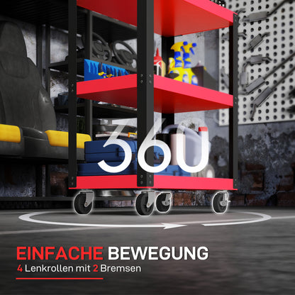 HOMCOM Werkzeugwagen mit 3 Ebenen, Metallrahmen, 120 kg Belastbarkeit, Rollen, Griff, Rot