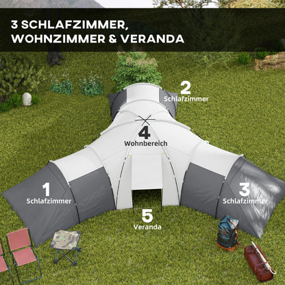 Outsunny Campingzelt für 6-9 Personen, 4 Räume, Vorzelt, wasserdicht, 615x 615x225cm, Grau