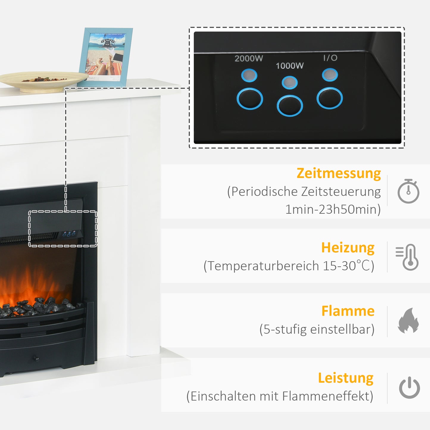 HOMCOM Elektrischer Kamin, 2 Leistungsstufen, Fernbedienung, Timer, realistischer Flammeneffekt, Schwarz+Weiß