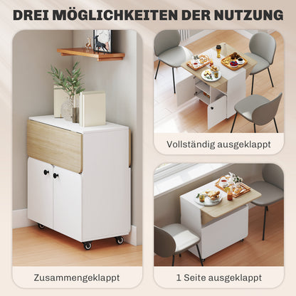 HOMCOM Klapptisch Rollschrank, zwei klappbare Tischseiten, Schrankfach, 4 Rollen, Weiß+Naturholz, 70 x 83 x 75cm