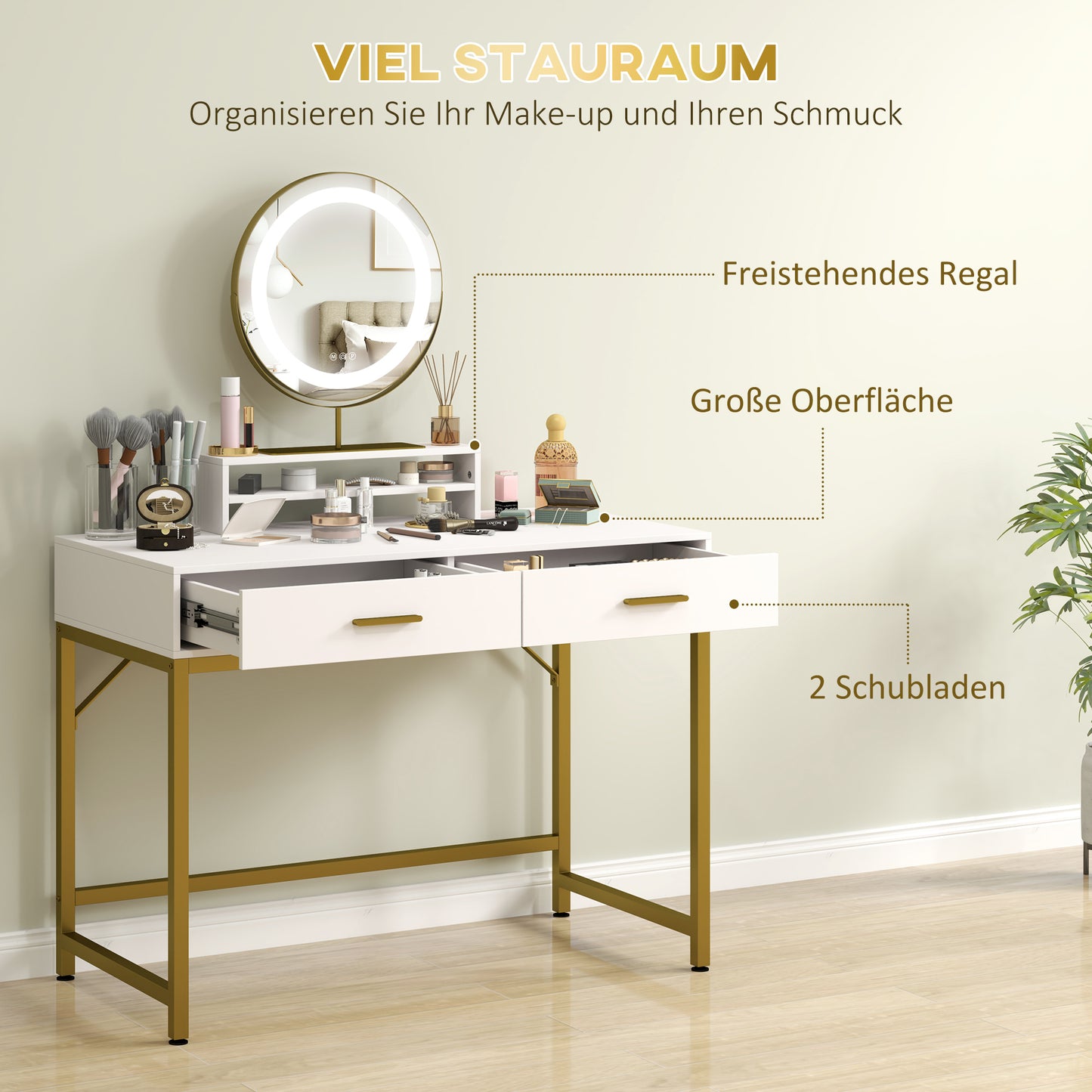 HOMCOM Kosmetiktisch mit 360° Spiegel, LED-Beleuchtung, 2 Schubladen, Weiß/Gold