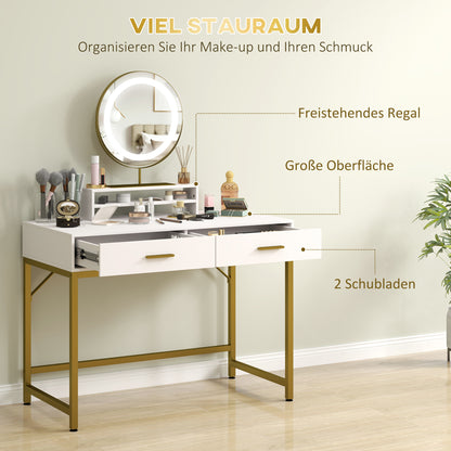 HOMCOM Kosmetiktisch mit 360° Spiegel, LED-Beleuchtung, 2 Schubladen, Weiß/Gold