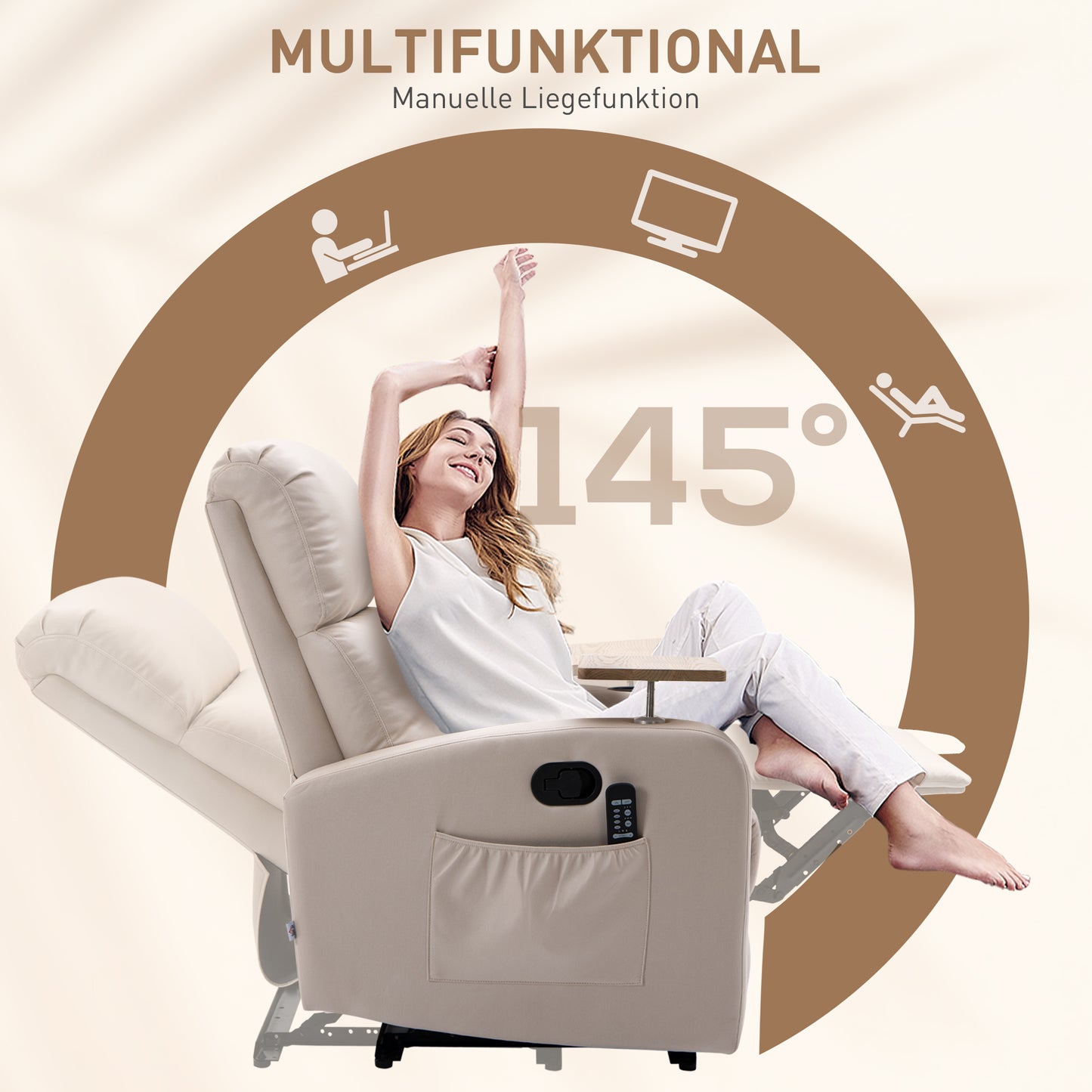 HOMCOM Massagesessel Relaxsessel Liegesessel, 1 Klapptisch, 1 Fußstütze; 77 cm x 93 cm x 105 cm, Beige