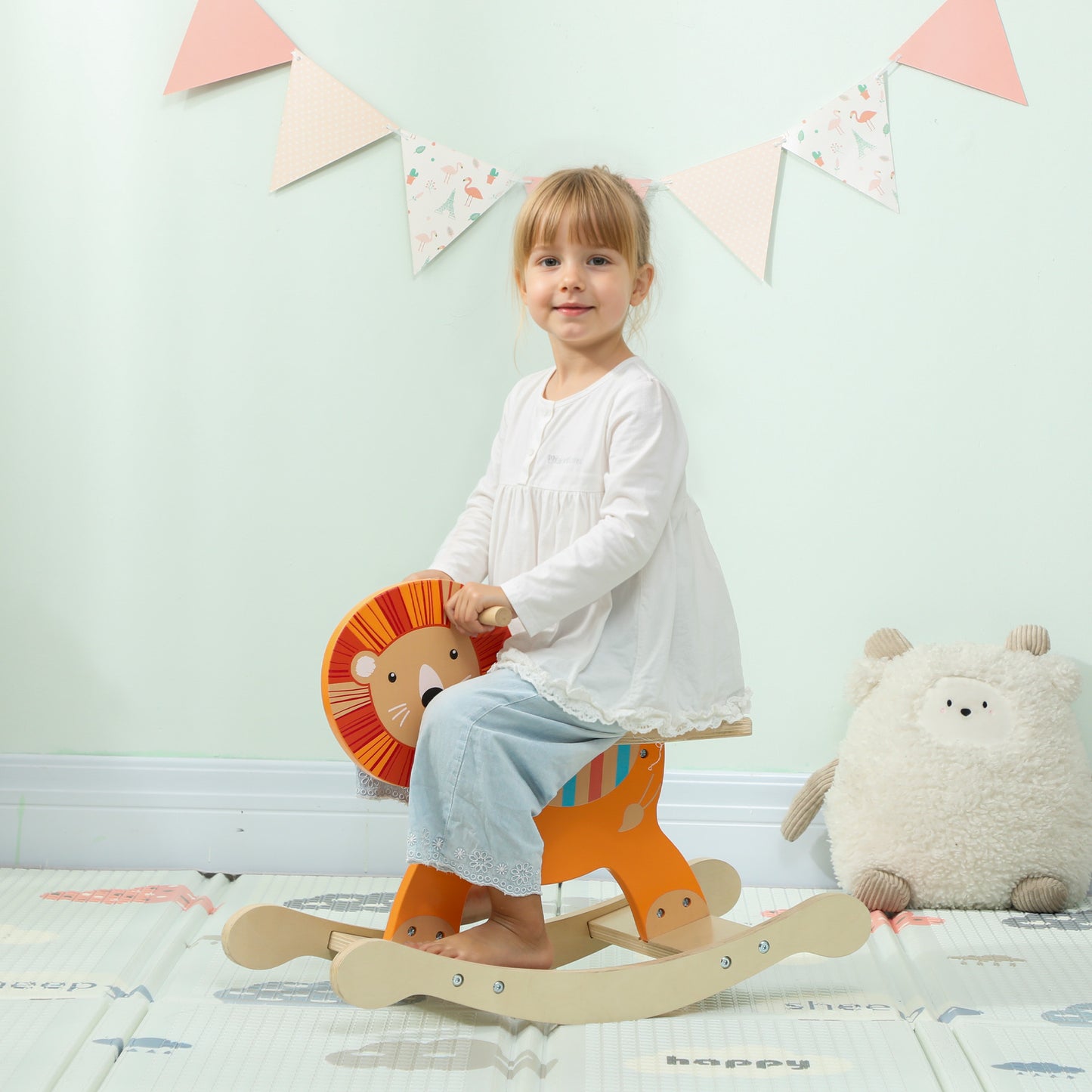 AIYAPLAY Schaukelpferd mit Löwen-Design, 25 kg Belastbarkeit, 2-5 Jahre, Holz, Orange