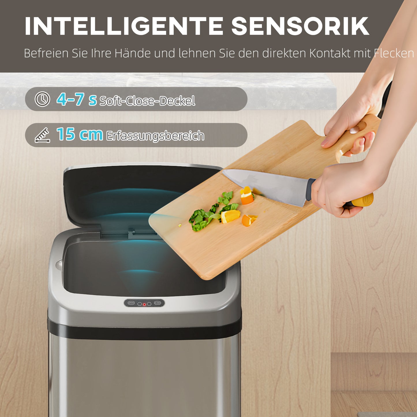 HOMCOM 48 L Sensor-Mülleimer für Küche oder Büro, automatische Schließ-Funktion, Edelstahl, Silberton