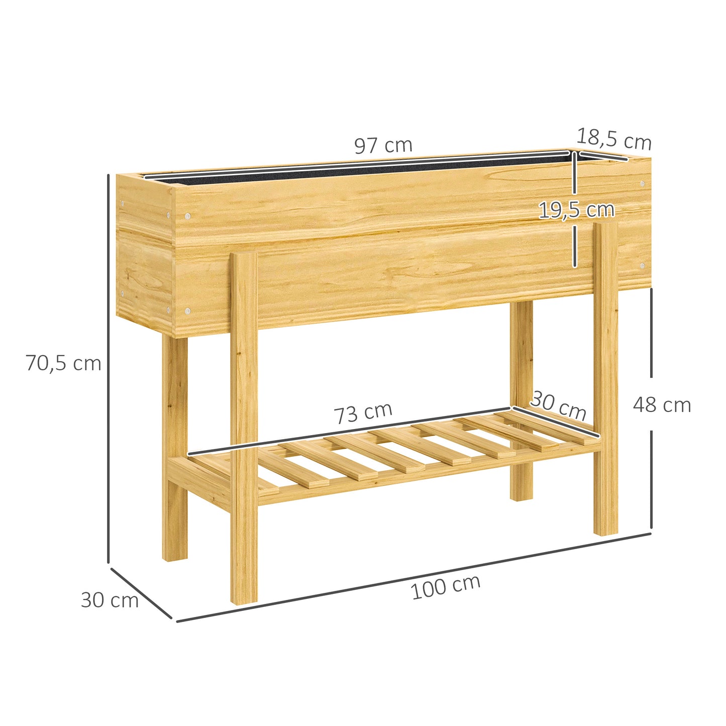 Outsunny Blumenkasten mit unterem Regal, Holzbeet mit Vlies-Auskleidung und Entwässerungslöchern, 100 x 30 x 70,5 cm, Naturholz