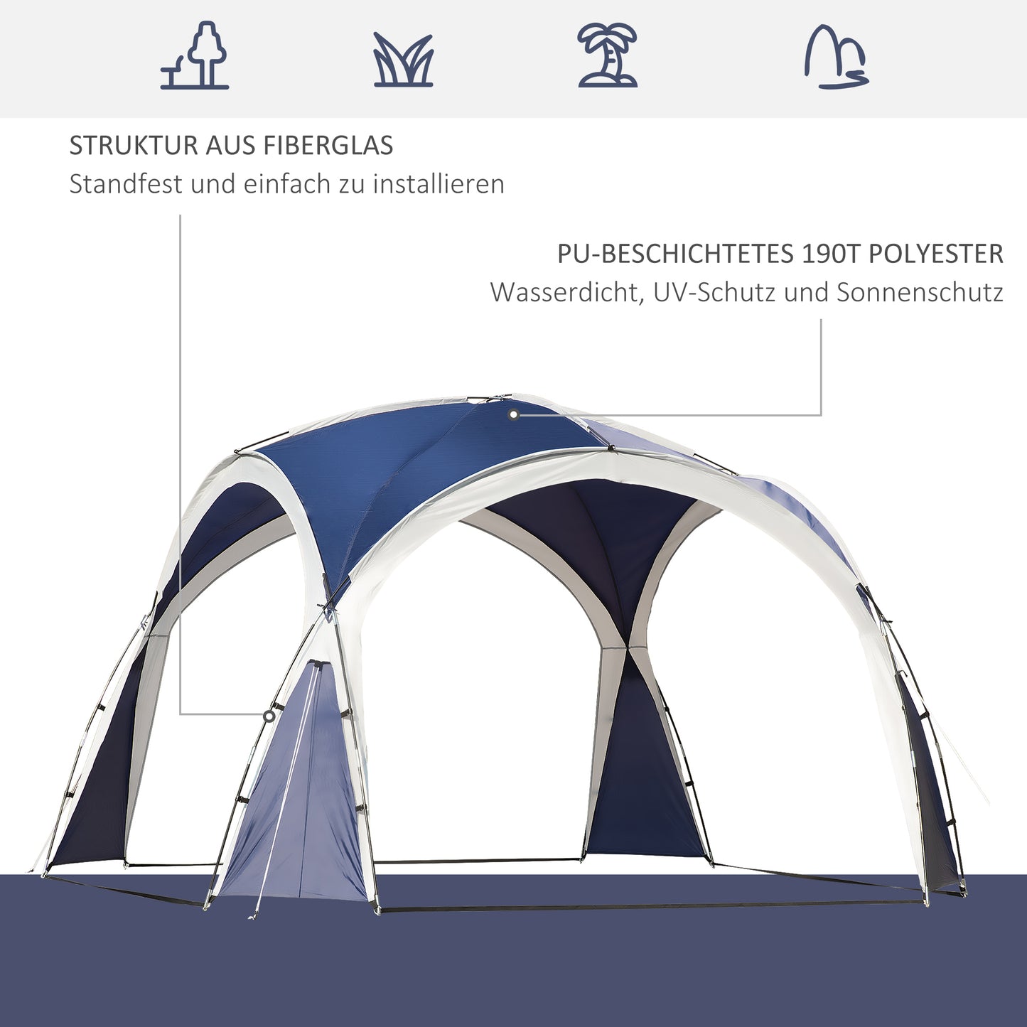 Outsunny Kuppelzelt für 6-8 Personen, Pavillon, Schutz vor Sonne und Nieselregen, 3,5 x 3,5 x 2,22 m, Blau