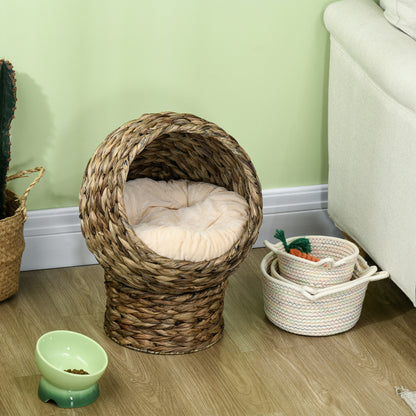 PawHut Rattan Katzenkorb Katzenhöhle Katzenhütte Katzenbett mit Kissen Haustierbett Wasserhyazinthe Kaffee 40 x 37 x 51 cm