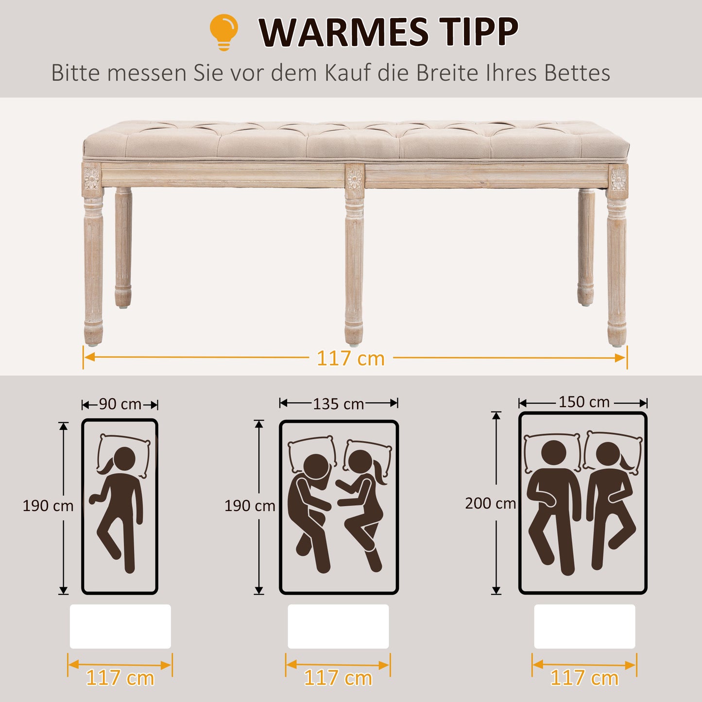 HOMCOM Sitzbank Vintagedesign Vintagebank, Knopfheftung, gedrechselte Beine, Shabby Chic, Creme + Weiß