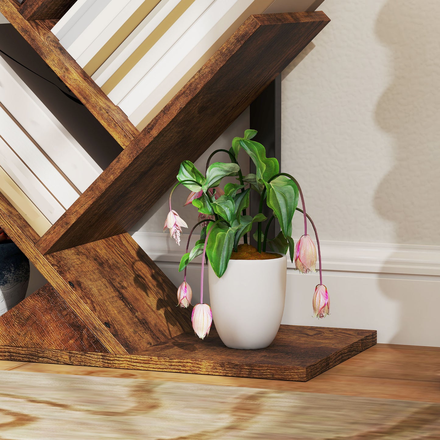 HOMCOM Bücherregal Standregal mit 7 Ebenen Schmal Regal im Baumform für Büro, Rustikal Braun