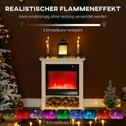 HOMCOM Elektrischer Kamin, realistische Flammen mit 9 Farben, verstellbare Helligkeit, 1800W, Fernbedienung, Timer, Weiß
