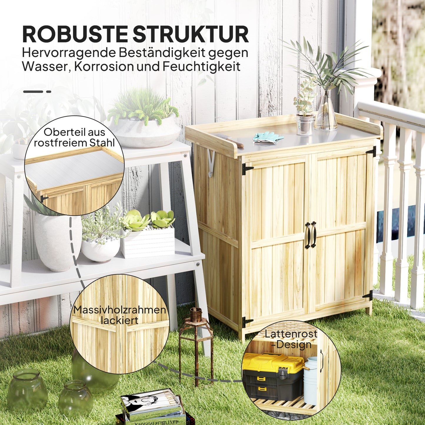 Outsunny Gartenschrank, Werkzeugschrank für den Außenbereich, mit Arbeitsfläche, Holz und Edelstahl, Doppeltüren, Naturholz